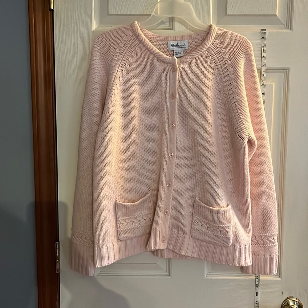 VTG-westbound-L-baby pink-button-down cardigan two small pockets in the front